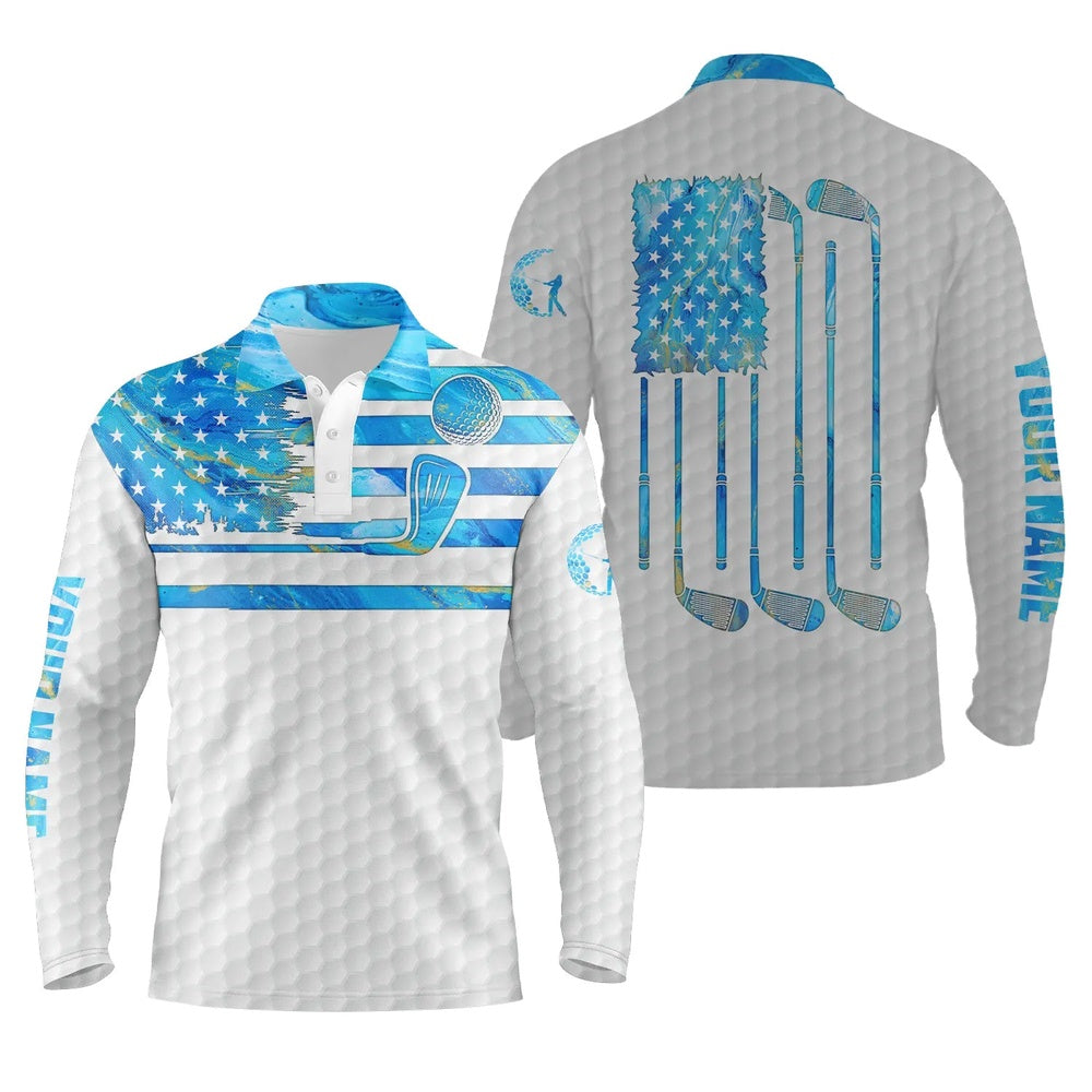 Golf Polo Shirts, Blue Watercolor American Flag Patriotic Men Golf Polo Shirts Custom Name White Golf Polo Shirt Mens, Custom Golf Shirts