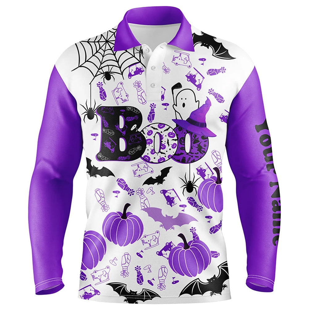 Golf Polo Shirts, Boo Halloween Golf Pattern Purple Mens Polo Shirt Custom Funny Golf Shirts For Men Golf Gifts, Custom Golf Shirts