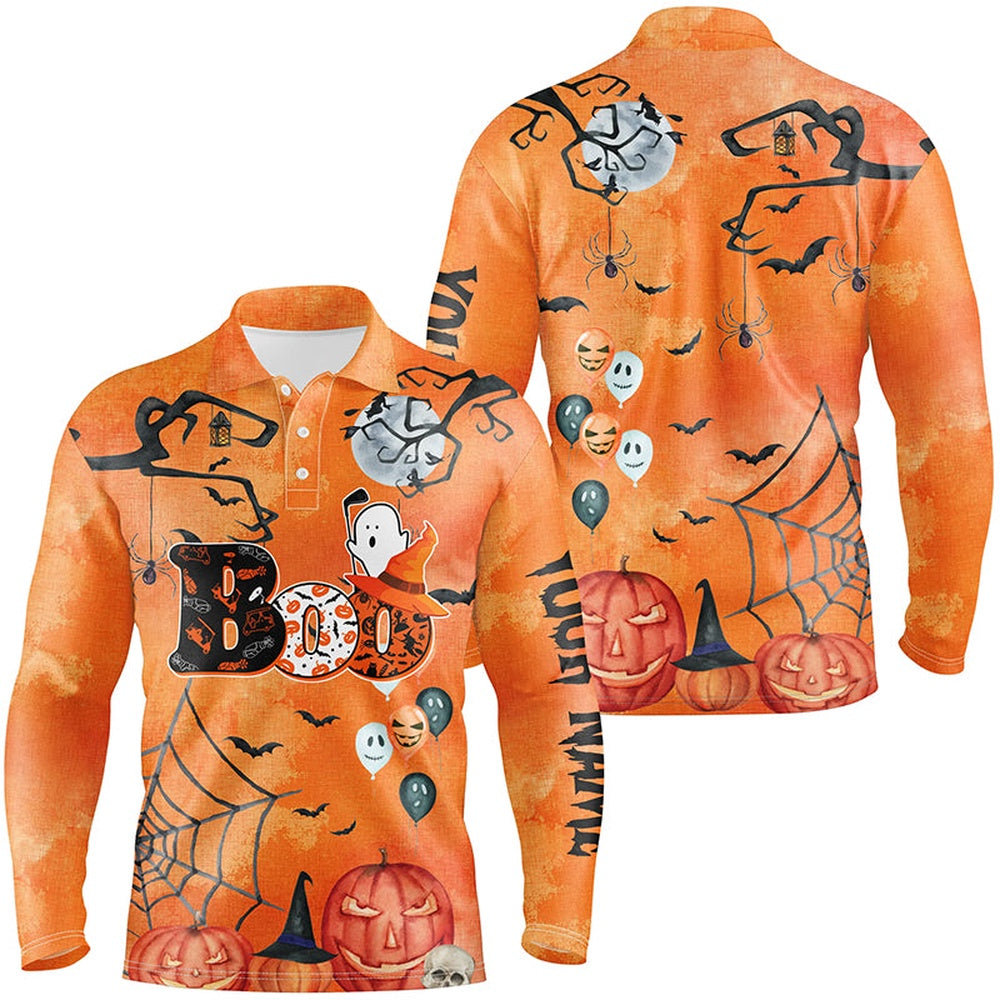 Golf Polo Shirts, Boo Halloween Seamless Orange Mens Golf Polo Shirt Custom Funny Golf Shirts For Men Golf Gifts, Custom Golf Shirts