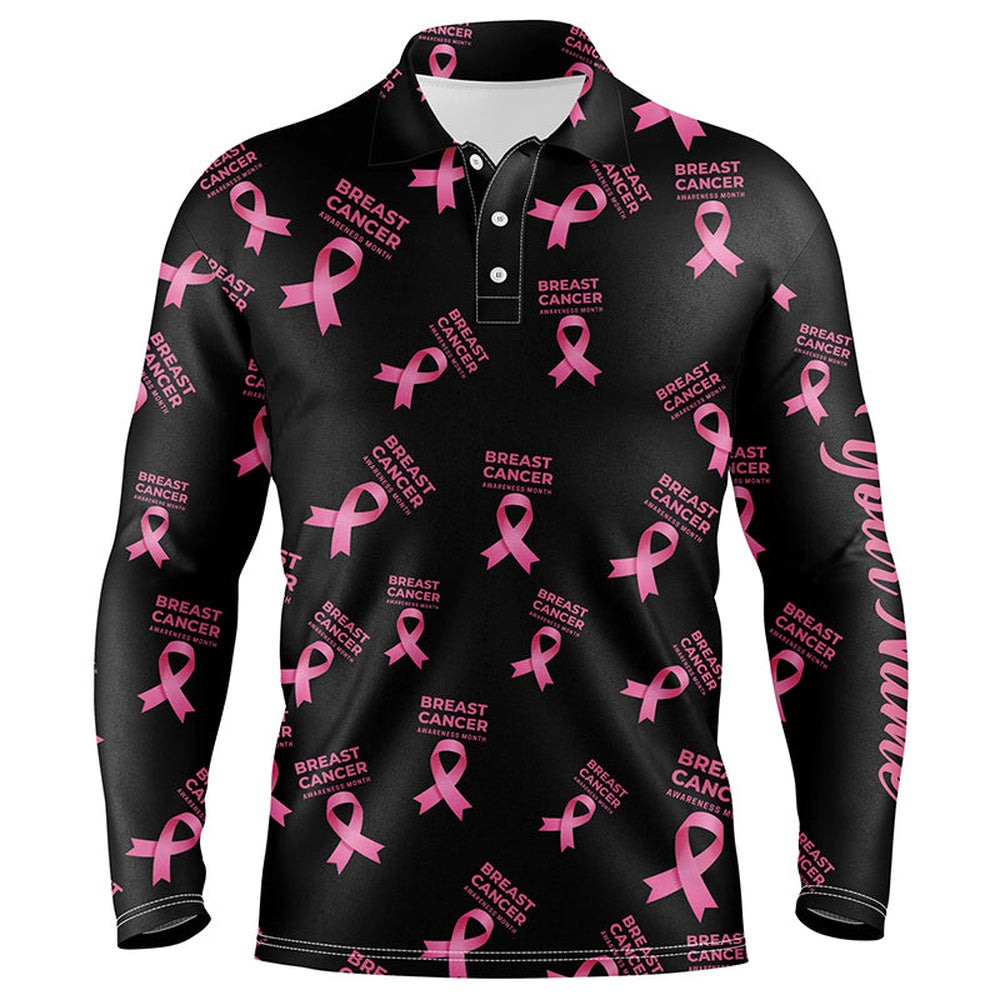 Golf Polo Shirts, Breast Cancer Awareness Pink Ribbon Mens Golf Polo Shirt Custom Name Golf Tops For Men, Custom Golf Shirts