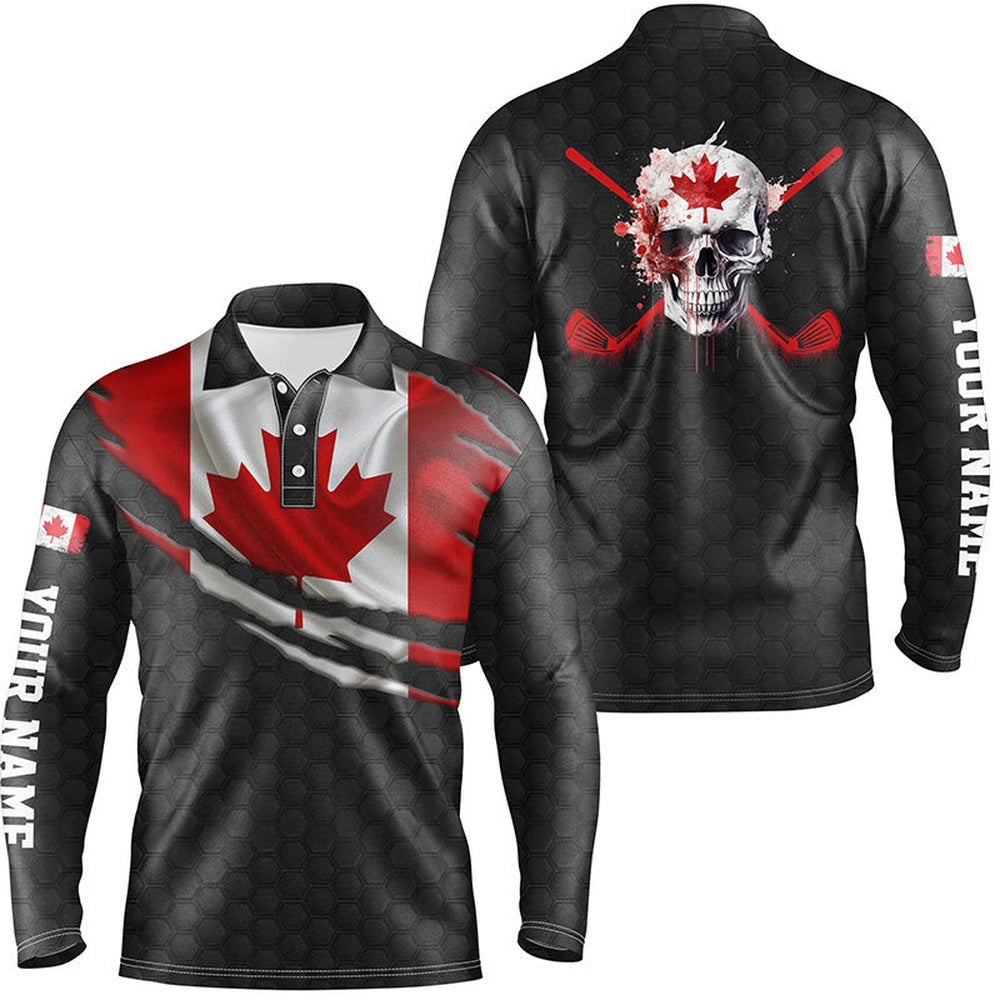 Golf Polo Shirts, Canada Flag Skull Mens Golf Polo Shirts Personalized Patriotic Golf Shirts For Men, Custom Golf Shirts