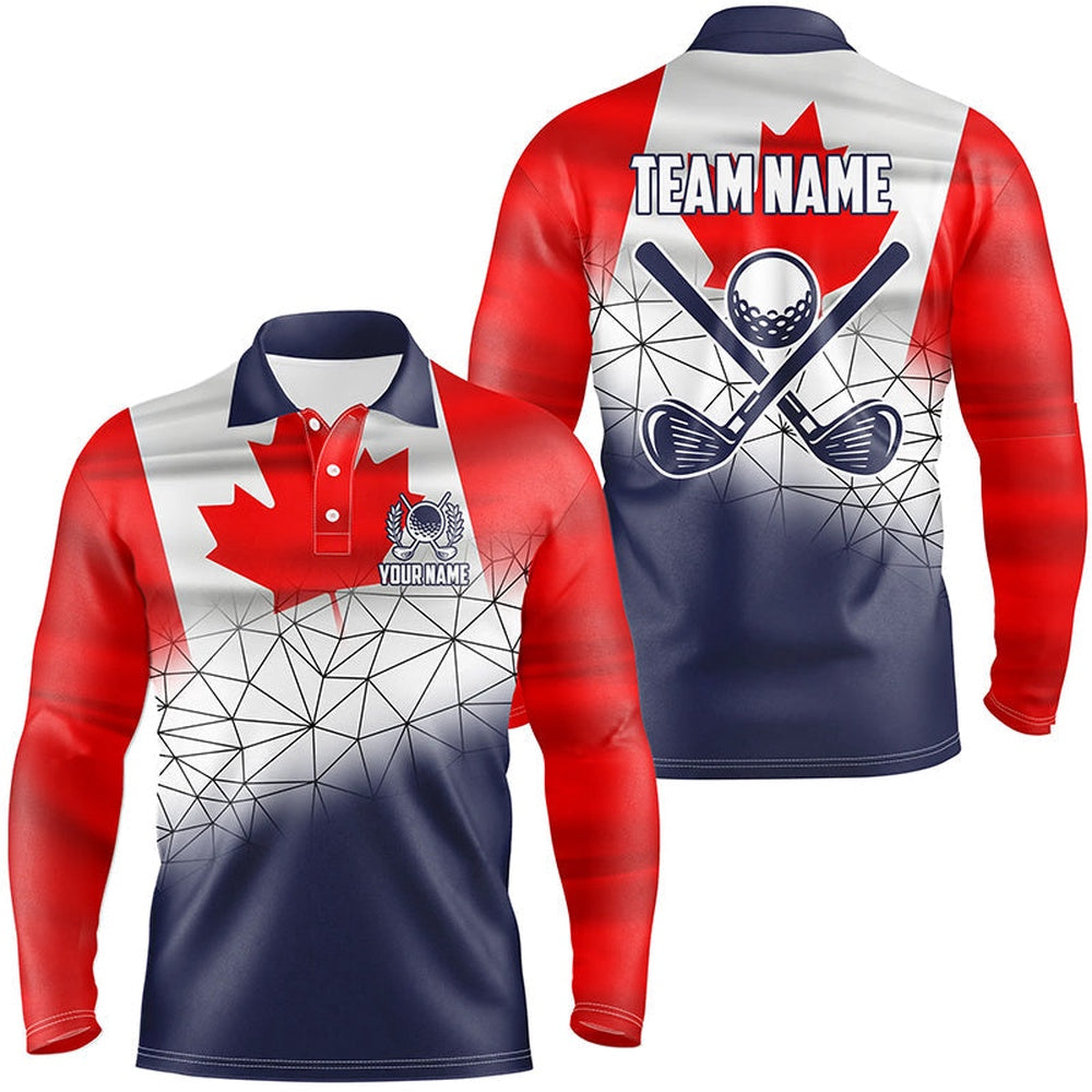 Golf Polo Shirts, Canadian Flag Golf Clubs Navy Geometric Pattern Men Golf Polo Shirts Custom Patriotic Golf Outfits Men, Custom Golf Shirts