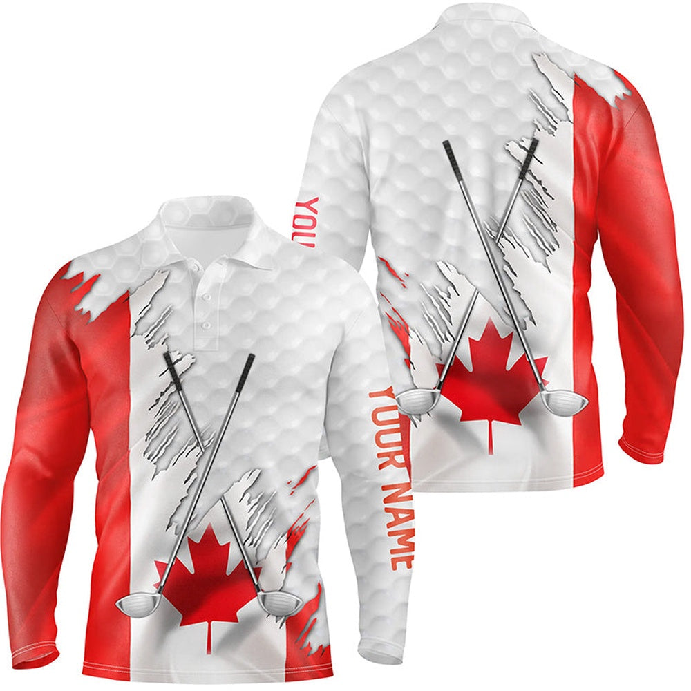 Golf Polo Shirts, Canadian Flag Golf Clubs Patriotic Custom Name White Mens Golf Polo Shirts, Team Mens Golf Tops, Custom Golf Shirts