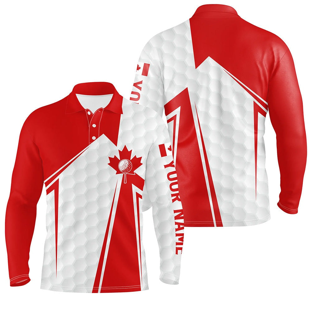 Golf Polo Shirts, Canadian Flag White Golf Ball Skin Mens Golf Polo Shirts Custom Patriotic Mens Golf Clothes, Custom Golf Shirts