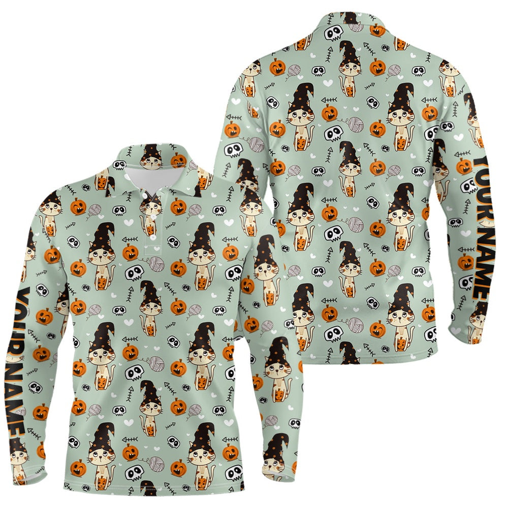 Golf Polo Shirts, Cat Seamless Halloween Pattern Green Mens Golf Polo Shirts Cute Halloween Golf Gifts For Men, Custom Golf Shirts