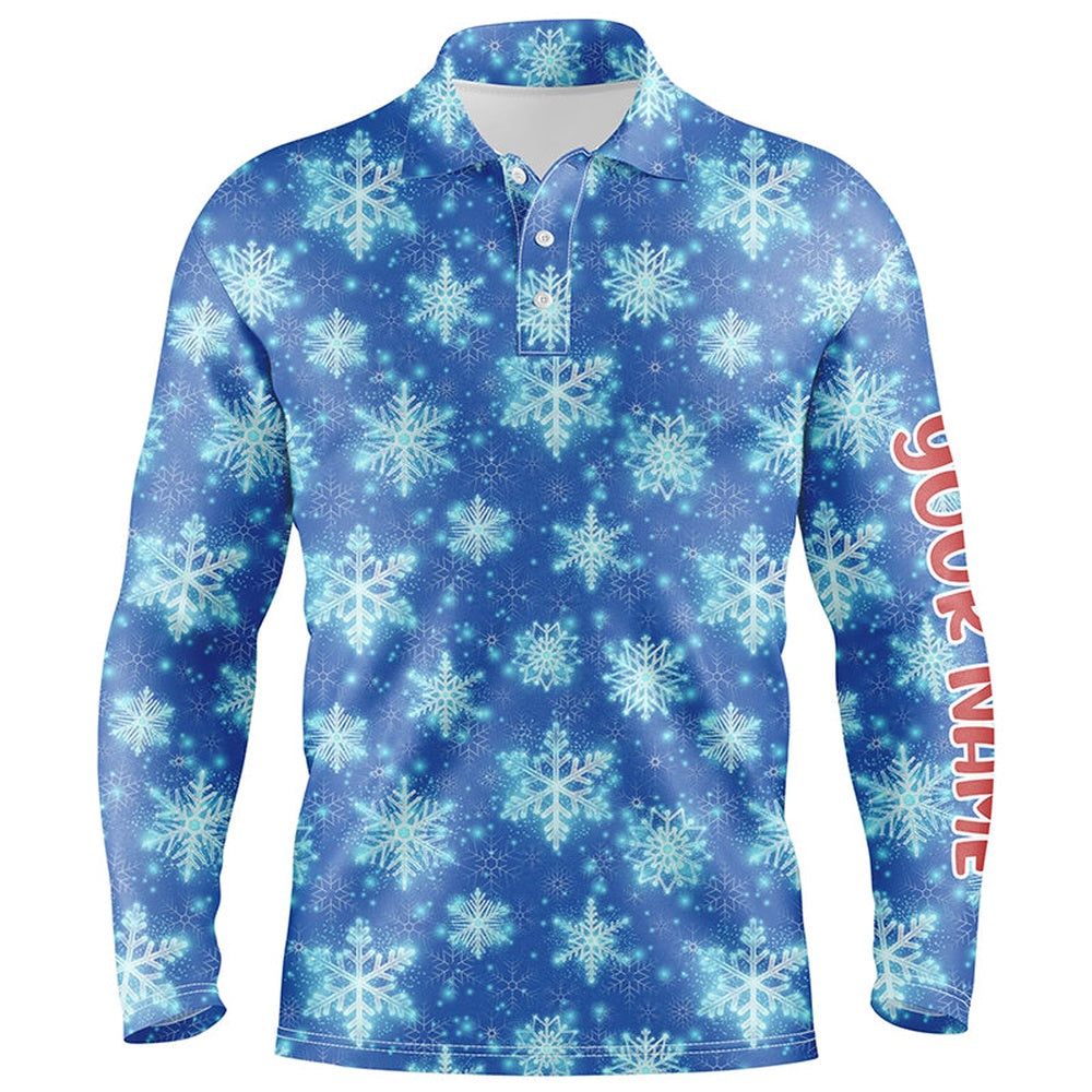 Golf Polo Shirts, Christmas Glitter With Snowflakes Blue Golf Mens Polo Shirts Custom Christmas Golf Gifts For Men, Custom Golf Shirts
