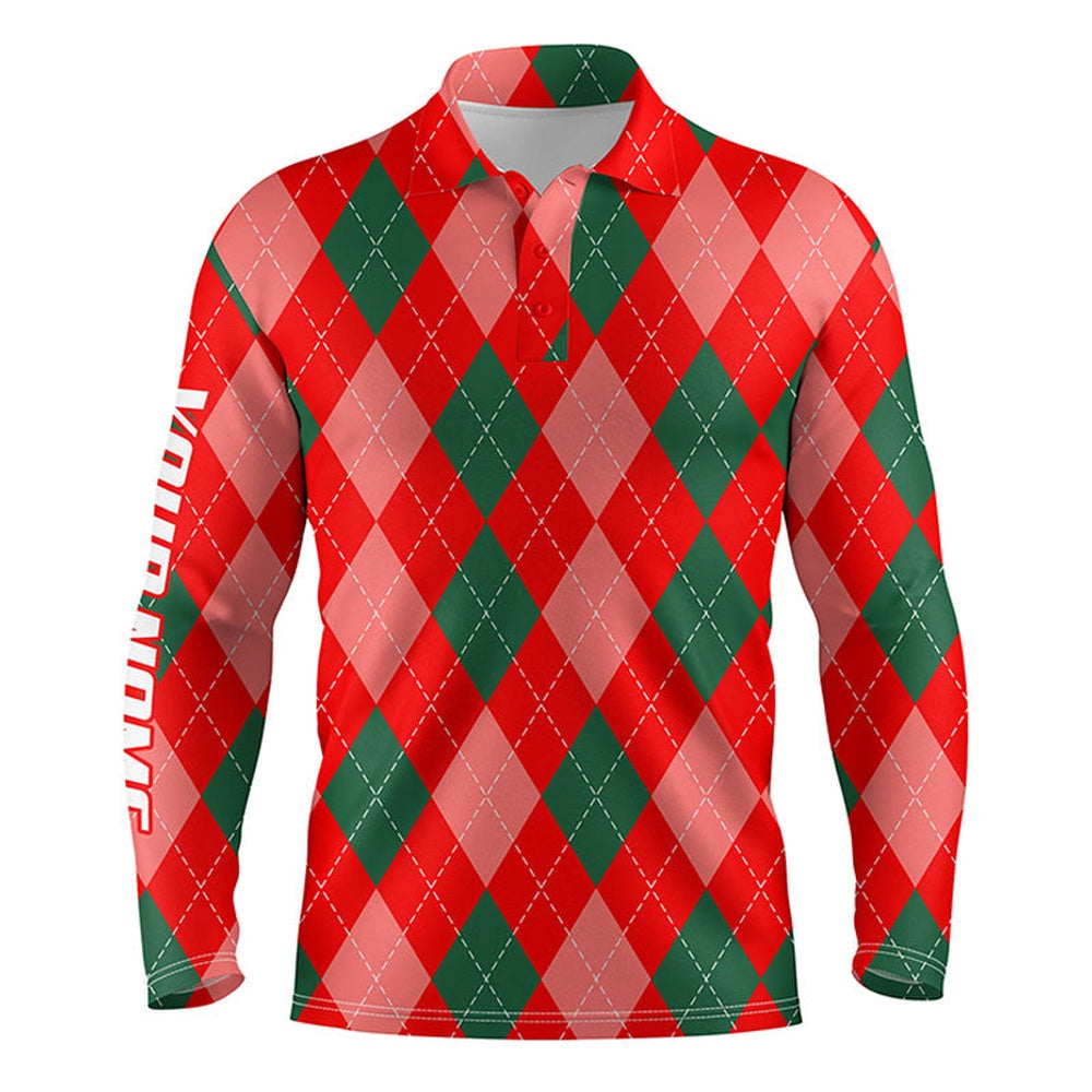 Golf Polo Shirts, Christmas Plaid Argyle Red Pattern Men Golf Polo Shirts Custom Name Christmas Golf Gifts For Men, Custom Golf Shirts