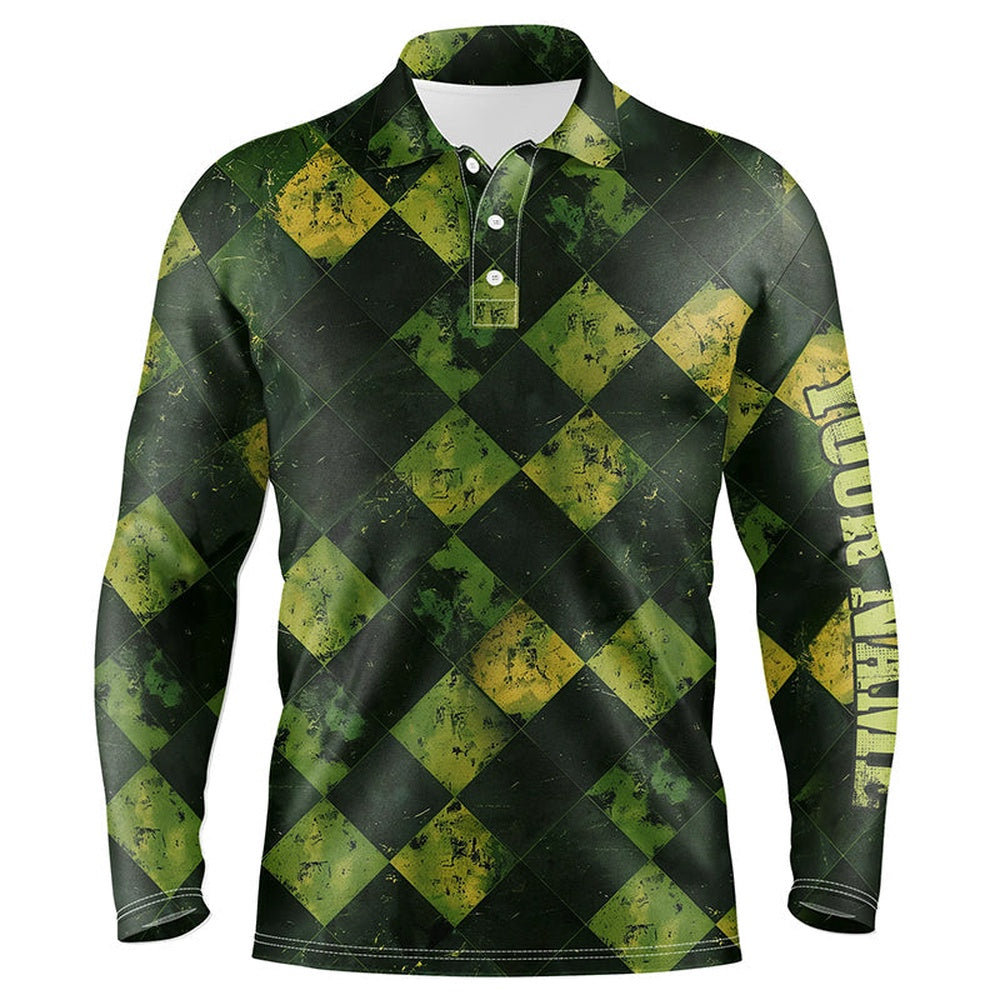 Golf Polo shirts, Green And Yellow Argyle Grunge Pattern Men Golf Polo Shirts Custom Golf Apparel For Men Golf Tops
