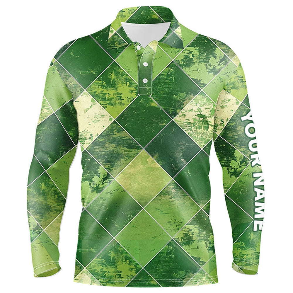 Golf Polo shirts, Green Argyle Plaid Pattern Mens Golf Polo Shirts Custom Mens Golf Apparel, Green Golf Tops