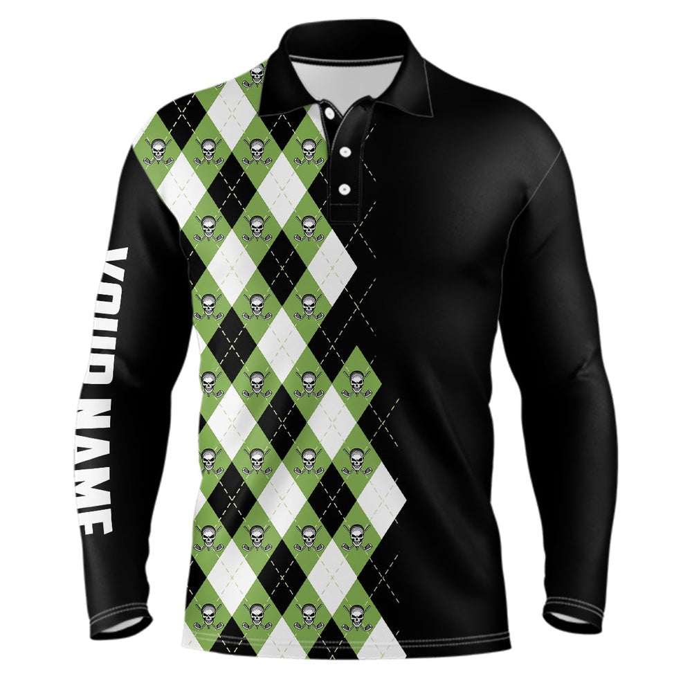 Golf Polo shirts, Green Argyle Plaid Skull Pattern Custom Black Mens Golf Polo Shirt, Golf Tops For Men Golfing Gifts
