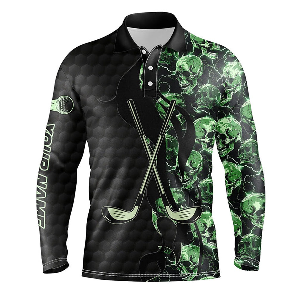 Golf Polo shirts, Green Lightning Skull Black Golf Pattern Custom Mens Golf Polo Shirts, Golf Clubs Team Polo Shirts
