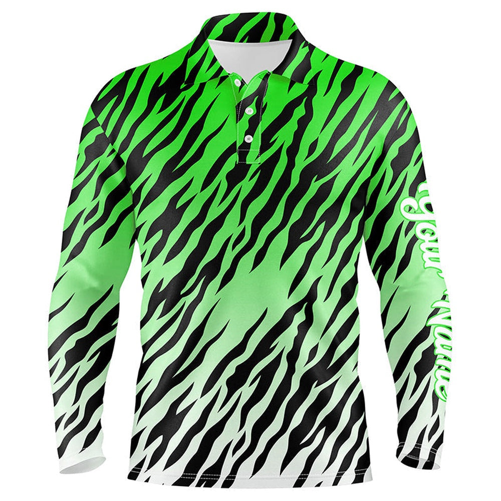 Golf Polo shirts, Green Tiger Stripes Pattern Mens Golf Polo Shirts Custom Golf Apparel For Men, Best Golf Gifts