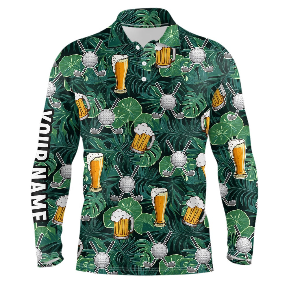 Golf Polo shirts, Green Tropical Leaves Golf Beer Pattern Custom Mens Golf Polo Shirt, Golf Tops For Men