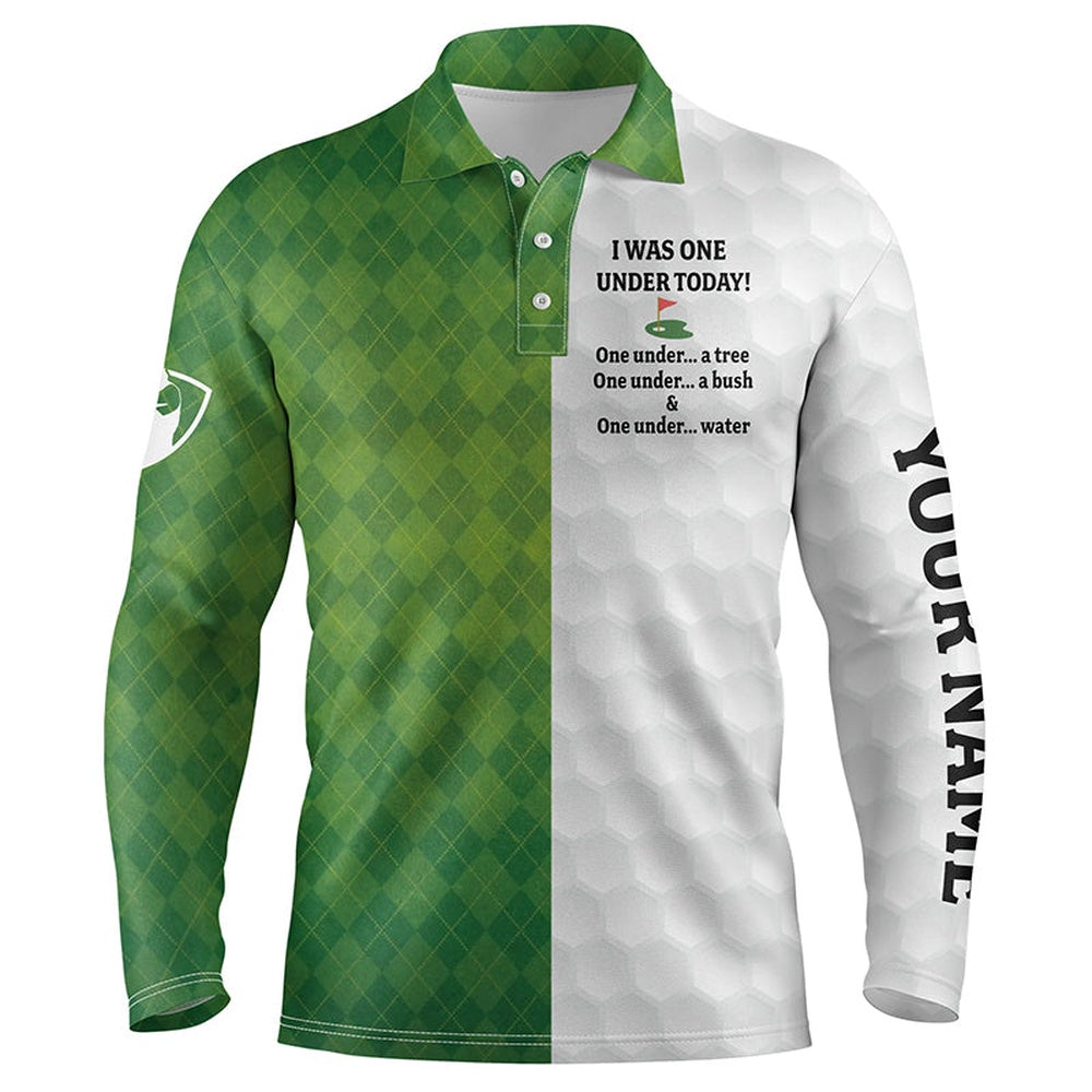 Golf Polo shirts, Green White Mens Golf Polo Shirt Custom Name I Was One Under Today One Under A Tree, A Bush And Water