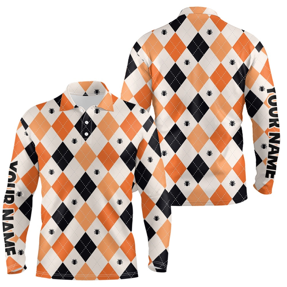 Golf Polo shirts, Halloween Argyle Plaid With Spider Mens Golf Polo Shirts Orange Black Golf Shirts For Men