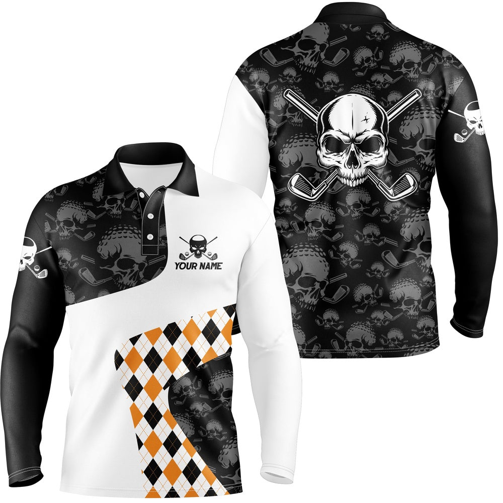 Golf Polo shirts, Halloween Orange Argyle Pattern Mens Golf Polo Shirt Skull Golf Shirts For Men Crazy Golf Gifts