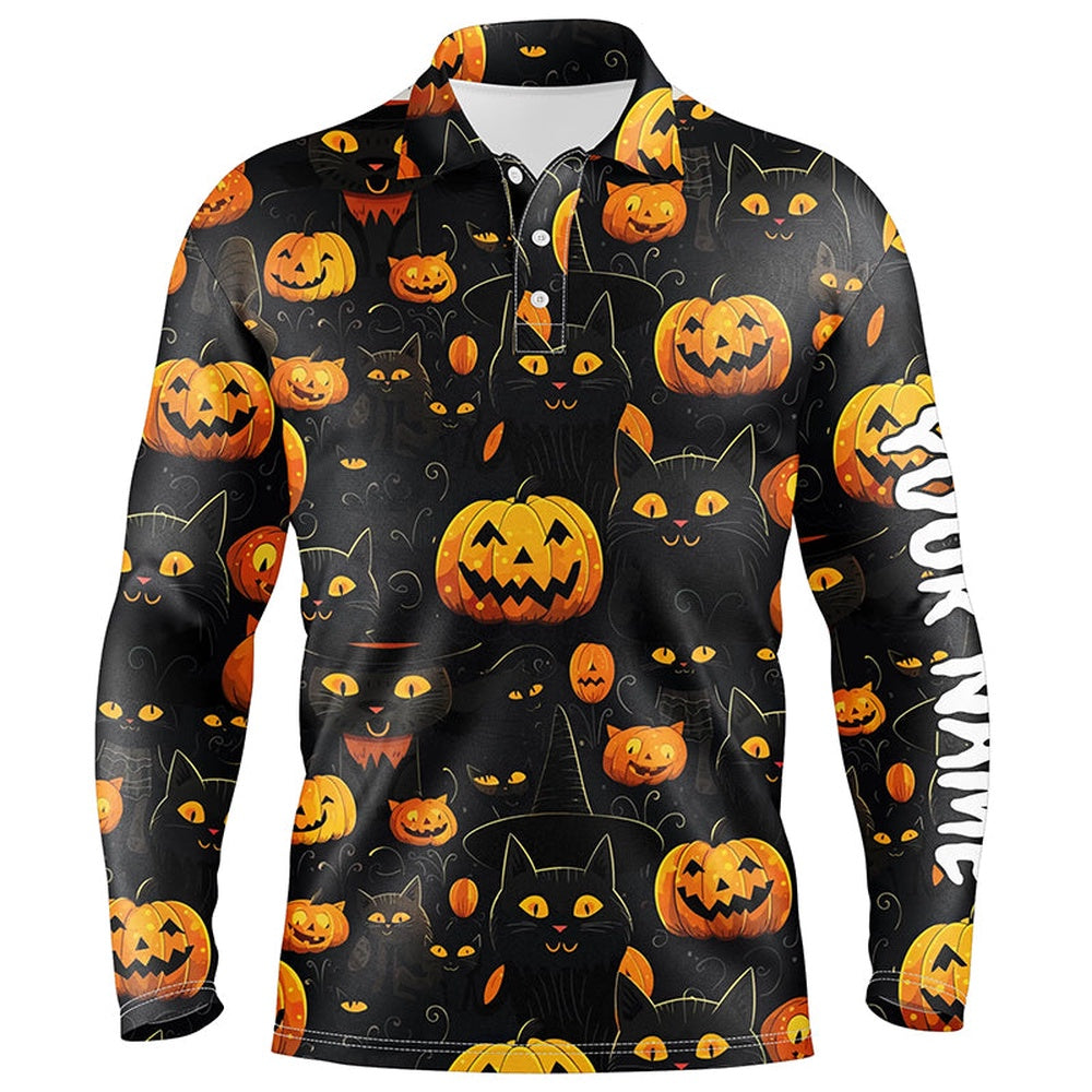 Golf Polo shirts, Halloween Seamless With Pumpkin & Cute Cat Mens Golf Polos Funny Golf Tops For Men Golf Gifts