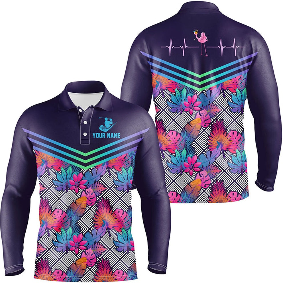 Golf Polo shirts, Heart Beat Flamingo Multicolor Tropical Mens Golf Polo Shirts Custom Golf Shirts For Men