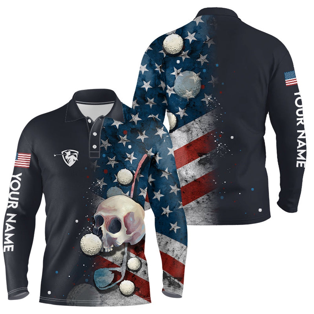 Golf Polo shirts, Men American Flag Golf Skull With Golf Ball Polo Shirt, Custom Name Golf Shirts For Men
