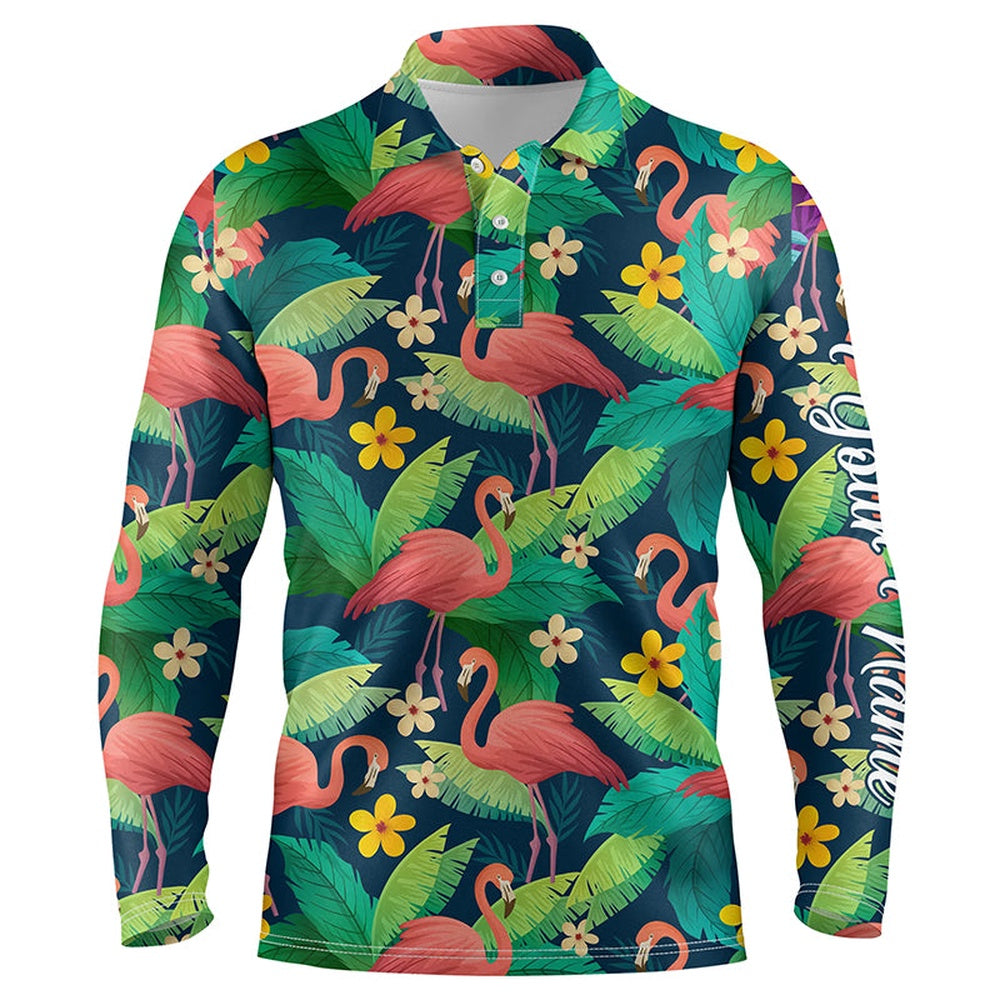Golf Polo shirts, Men Golf Polo Shirts Colorful Flamingo Pattern Green Tropical Leaves Custom Name Team Golf Polo Shirts