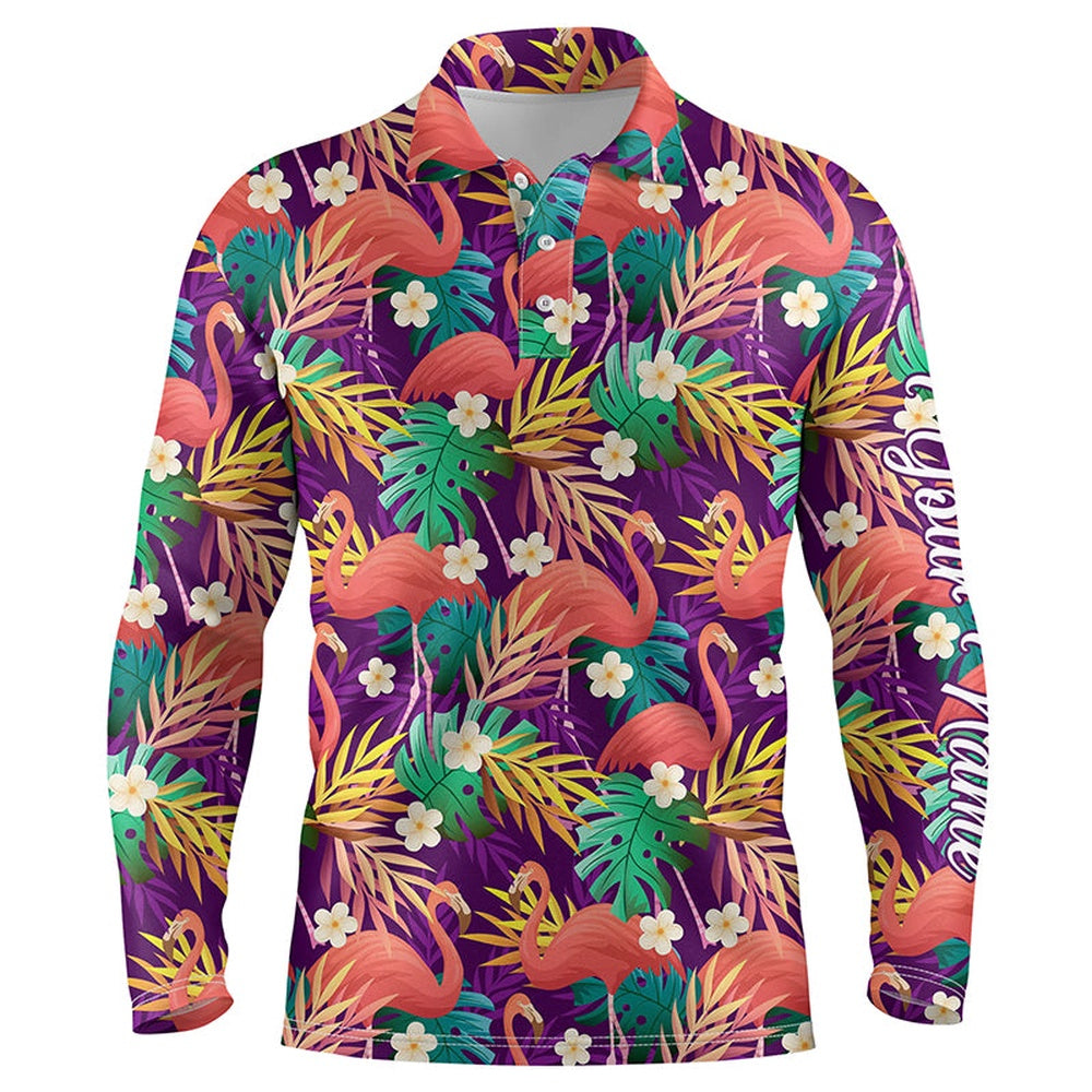 Golf Polo shirts, Men Golf Polo Shirts Colorful Flamingo Pattern Tropical Leaves Custom Name Team Golf Polo Shirts