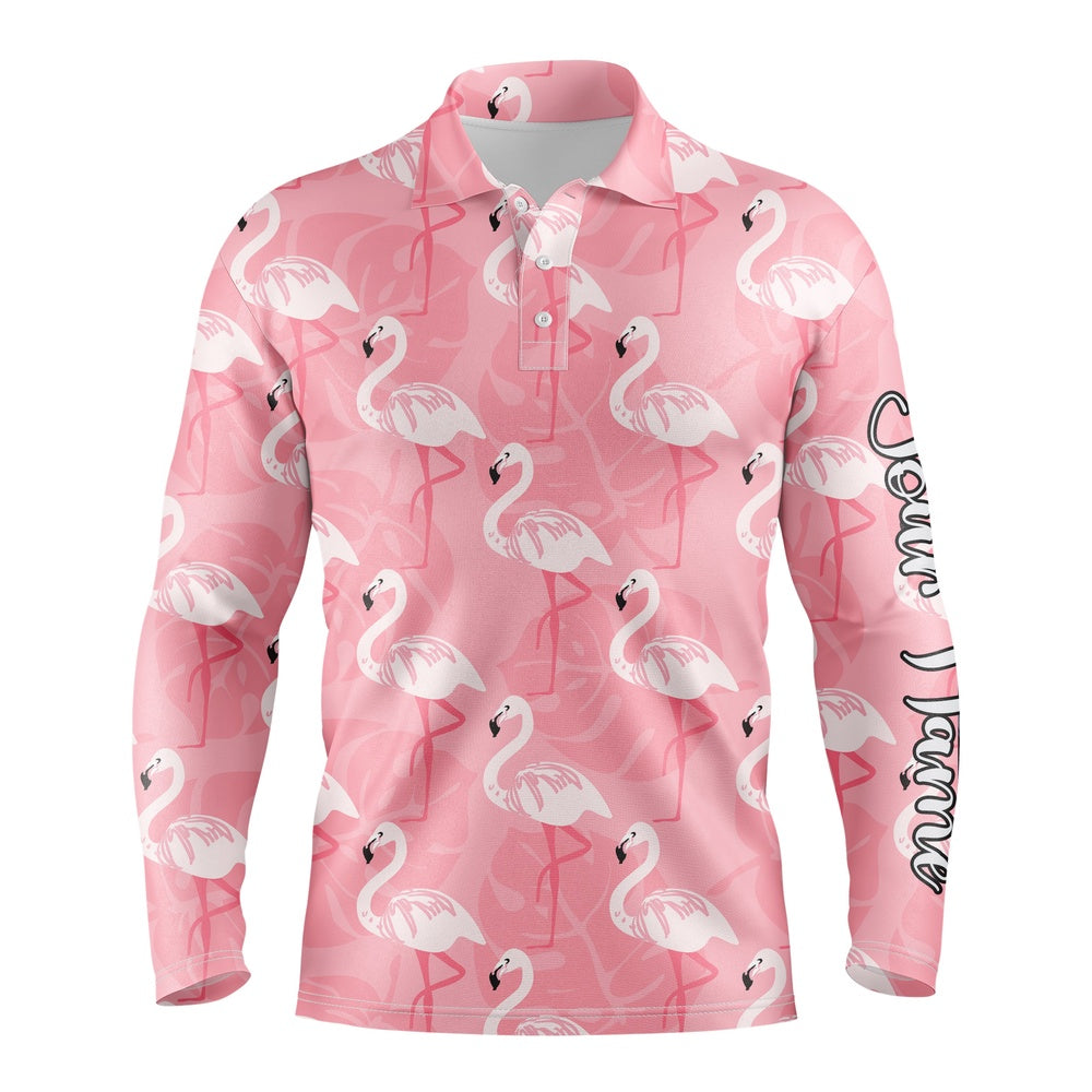 Golf Polo shirts, Men Golf Polo Upf Shirts Pink Flamingo Pattern Custom Name Polo Shirts Gift For Men