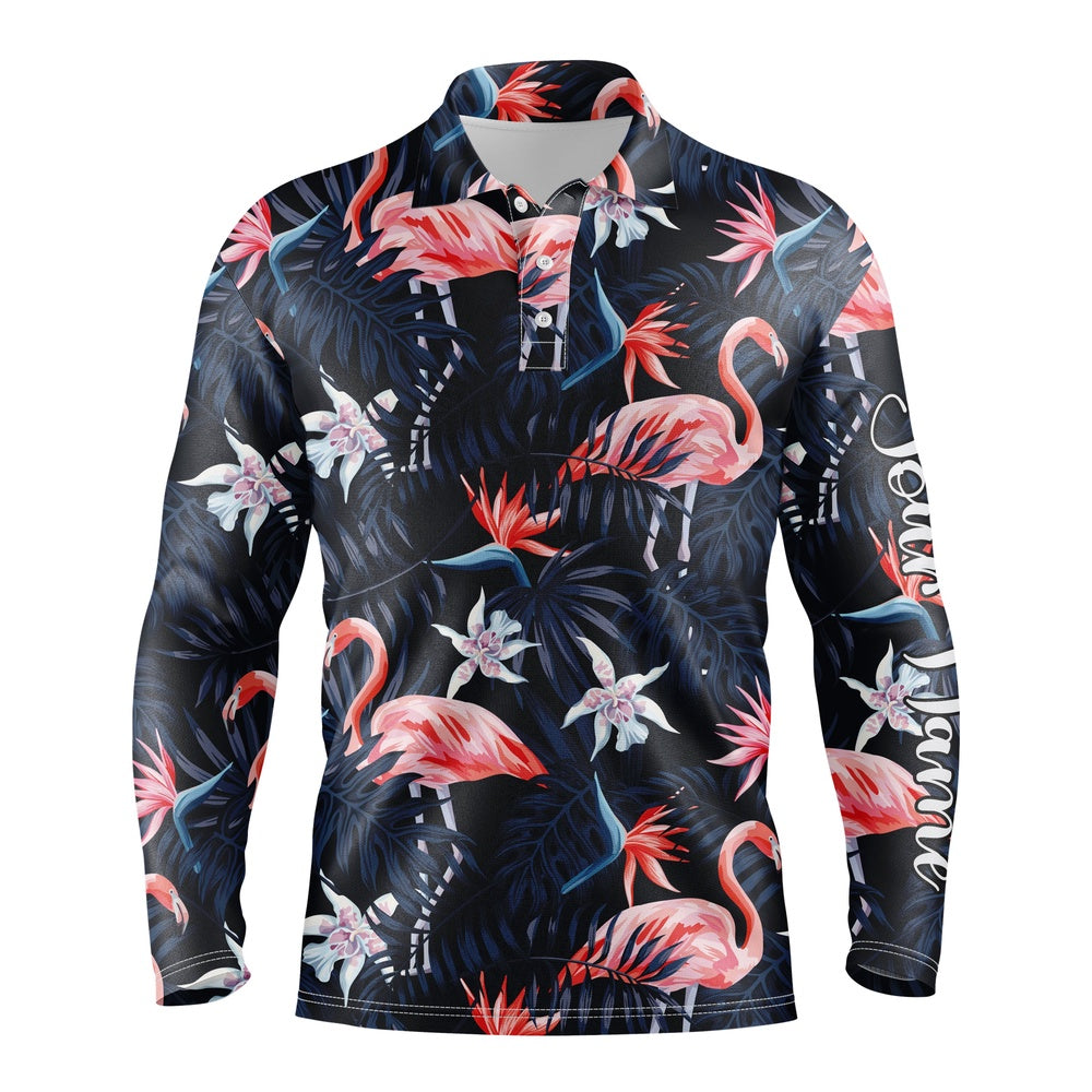 Golf Polo shirts, Men Golf Polo Upf Shirts Tropical Birds Pink Flamingo Dark Blue Palm Leaves Custom Polo Shirts