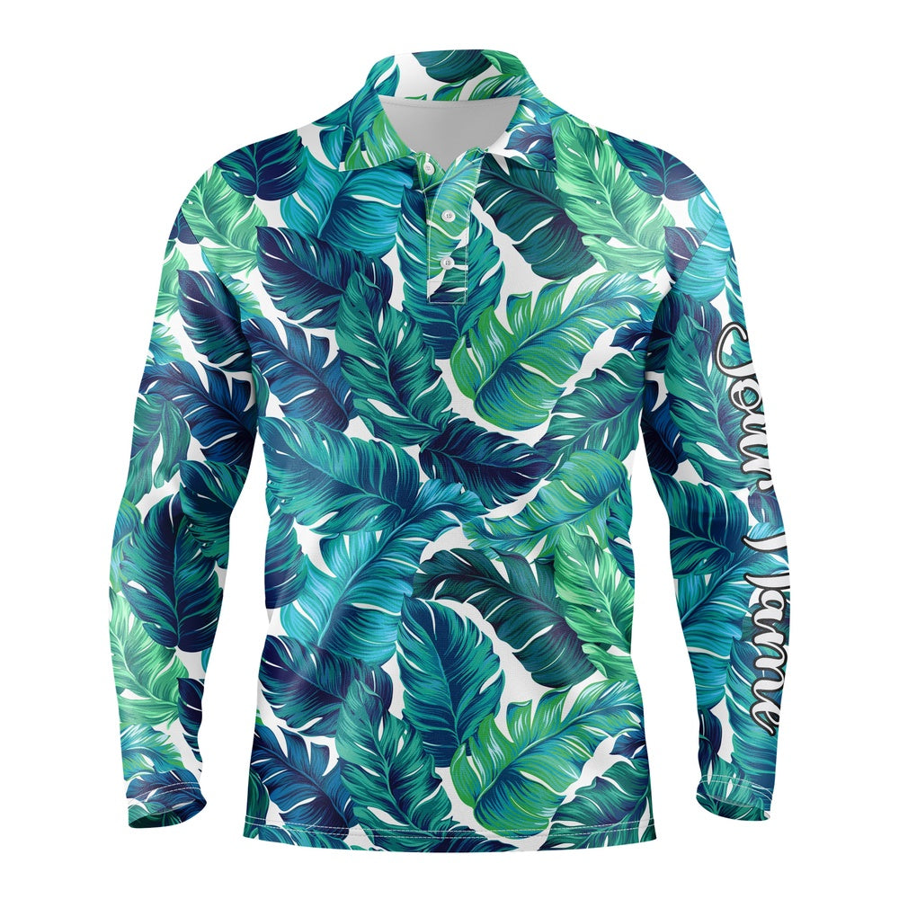 Golf Polo shirts, Men Golf Polo Upf Shirts Turquoise And Green Tropical Leaves Custom Team Golf Polo Shirts