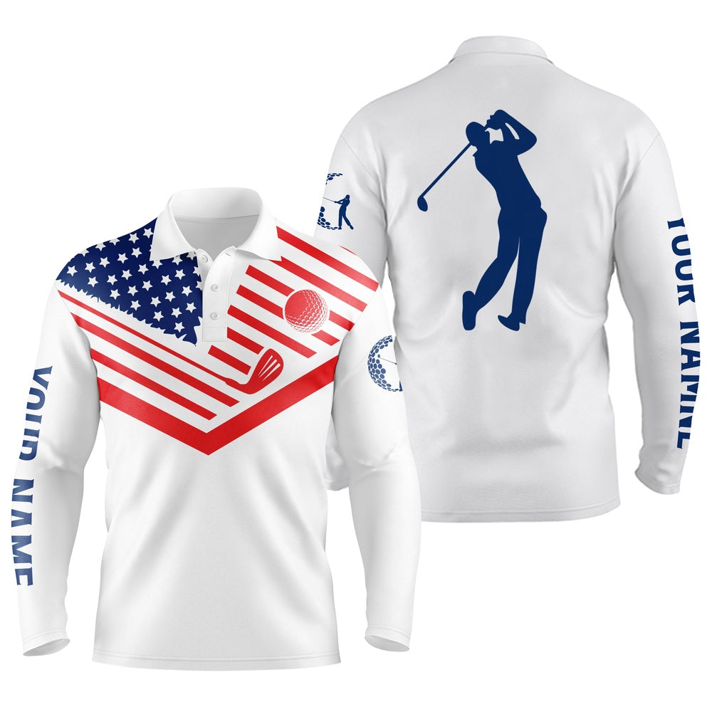 Golf Polo shirts, Mens Golf Polo Shirt American Flag Th July Patriot Custom Name White Golf Shirt