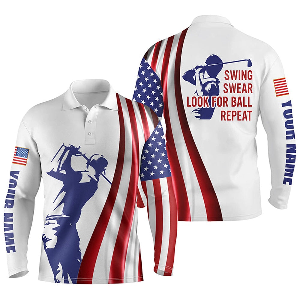Golf Polo shirts, Mens Golf Polo Shirt Custom Name American Flag Patriotic Golf Shirt Swing Swear Look For Ball Repeat