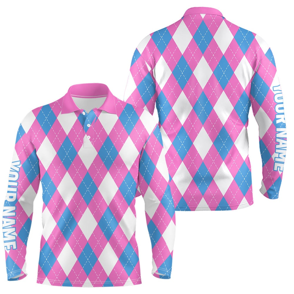 Golf Polo shirts, Mens Golf Polo Shirt Custom Pink, Blue And White Argyle Plaid Pattern Golf Attire For Men