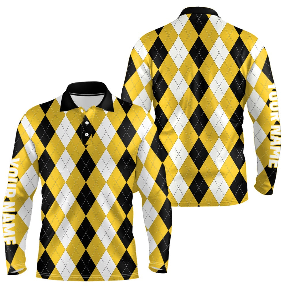 Golf Polo shirts, Mens Golf Polo Shirt Custom Yellow Argyle Plaid Pattern Golf Attire For Men