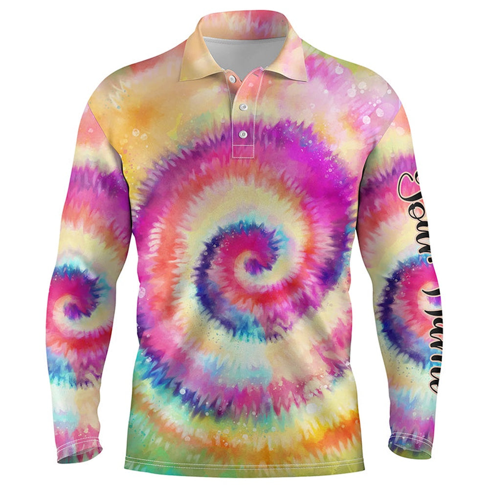 Golf Polo shirts, Mens Golf Polo Shirt Rainbow Tie Dye Background Custom Name Golf Shirt, Golfing Gift