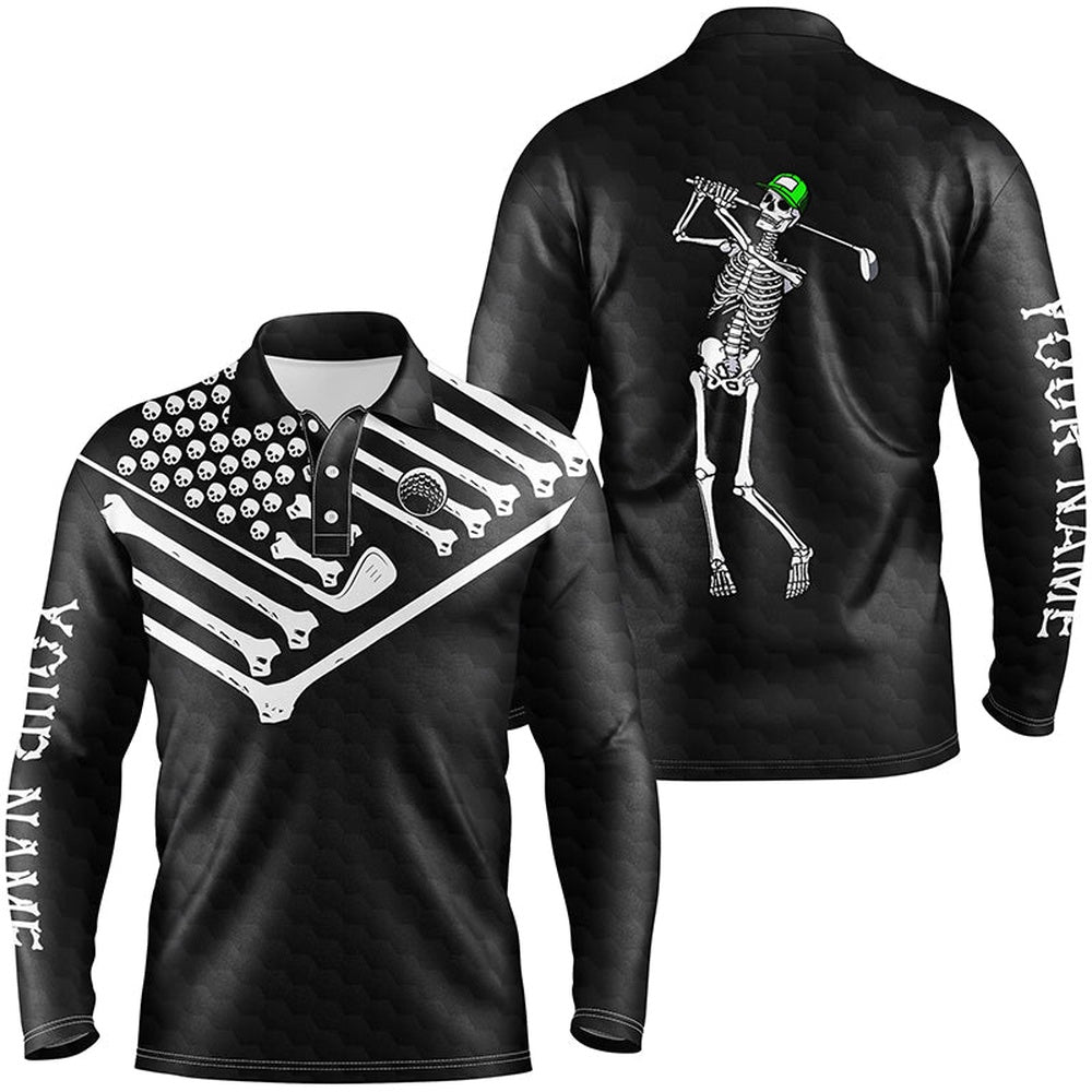 Golf Polo shirts, Mens Golf Polo Shirt Skeleton American Flag Custom Black White Halloween Shirt