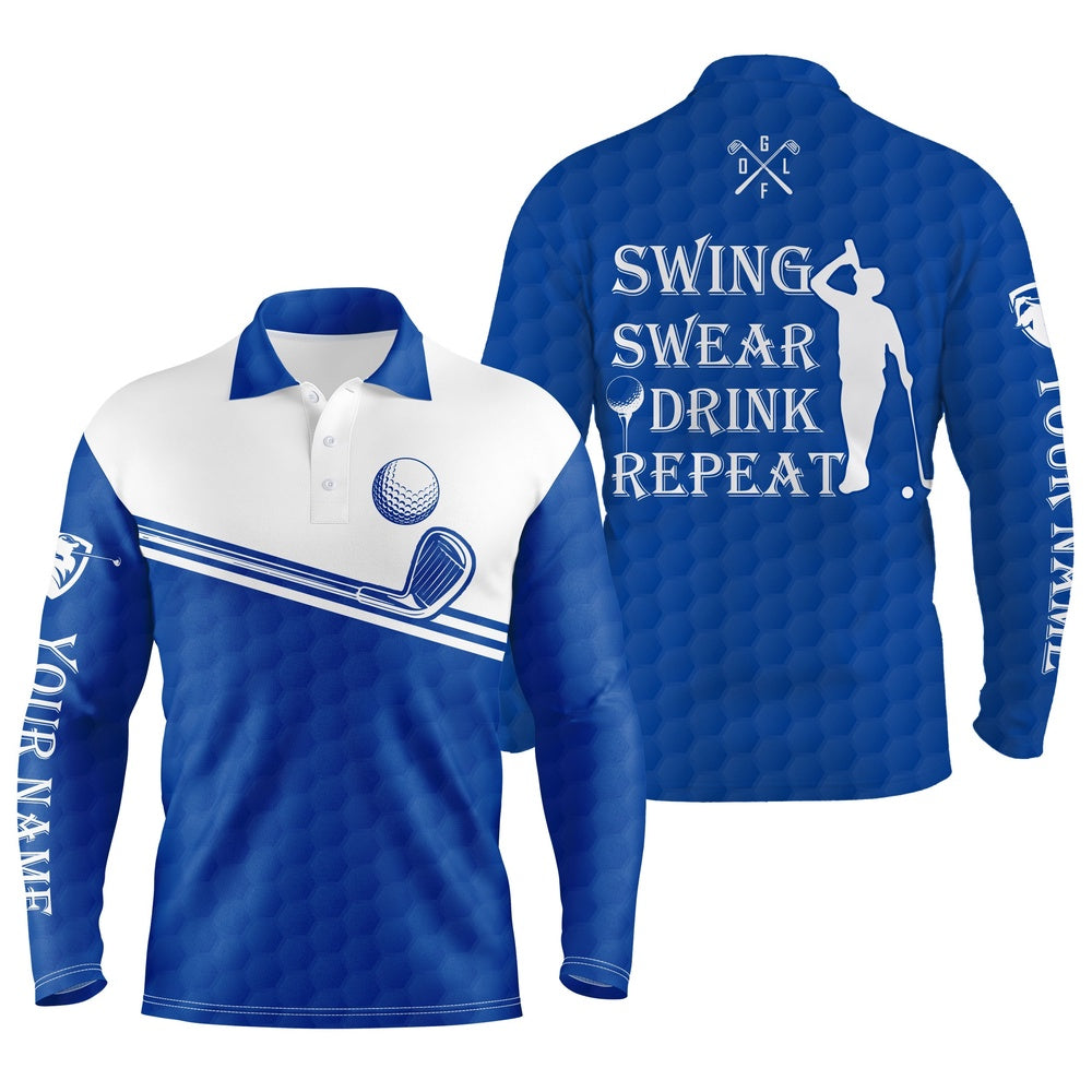 Golf Polo shirts, Mens Golf Polo Shirt Swing Swear Drink Repeat Custom Name Blue White Men Golf Shirts