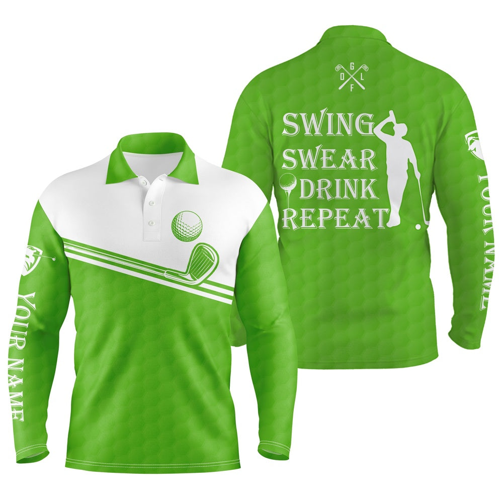 Golf Polo shirts, Mens Golf Polo Shirt Swing Swear Drink Repeat Custom Name Green White Men Golf Shirts