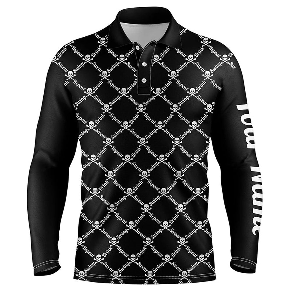 Golf Polo shirts, Mens Golf Polo Shirt Swing Swear Drink Repeat Golf Skull Custom Name Golf Wear For Mens Black