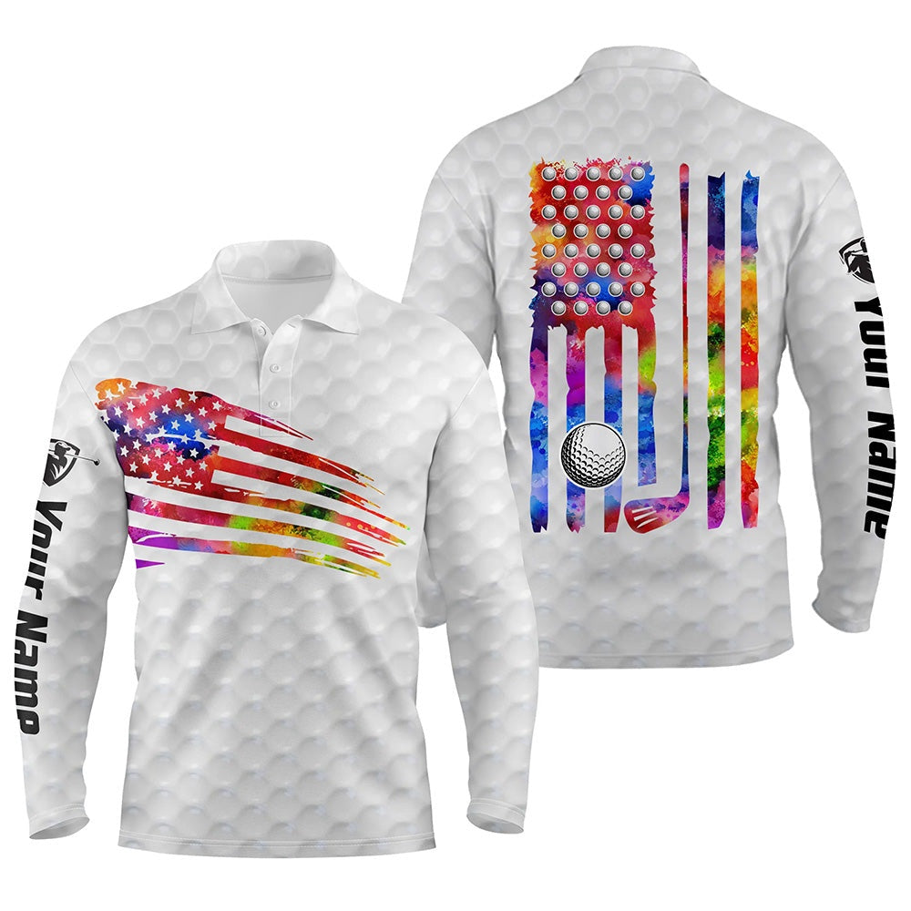 Golf Polo shirts, Mens Golf Polo Shirt Watercolor American Flag Patriotic Golf Shirts Custom Golf Gifts For Men White