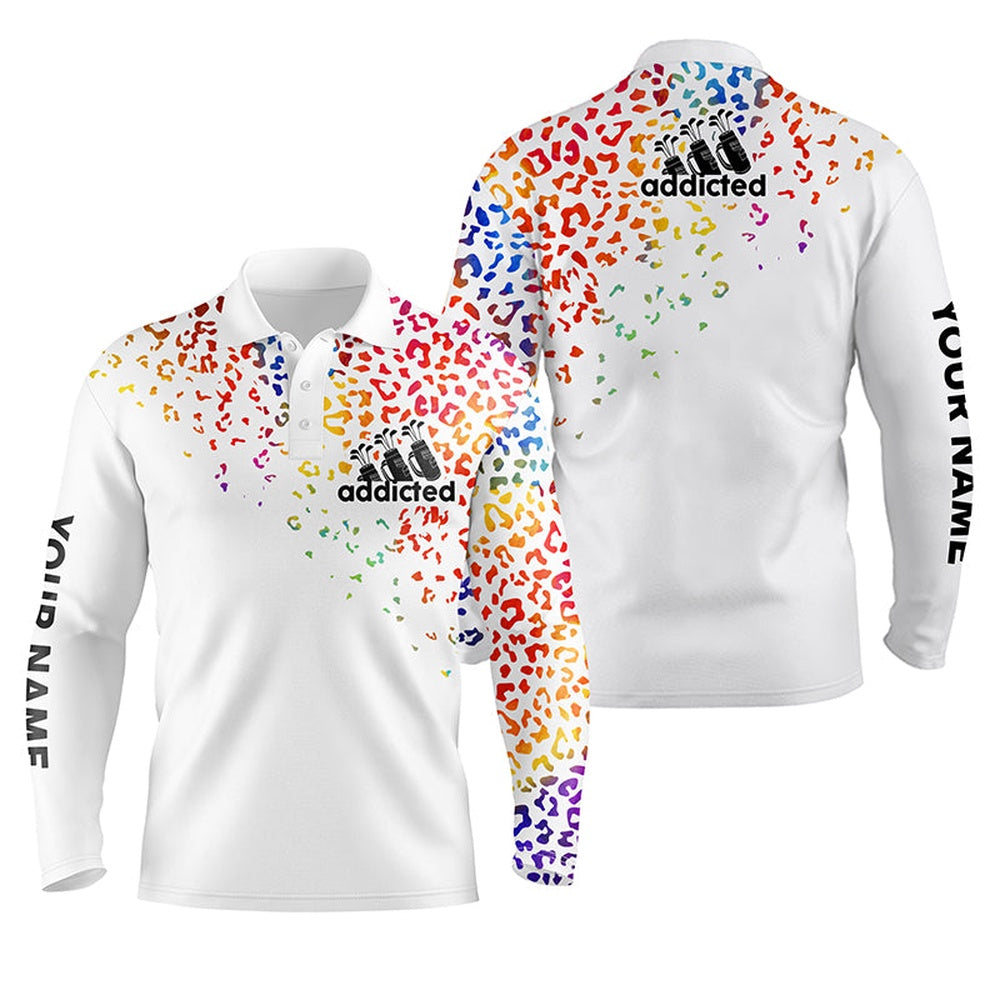 Golf Polo shirts, Mens Golf Polo Shirt Watercolor Leopard Golf Addicted Custom Name Golf Gifts For Men, Dad