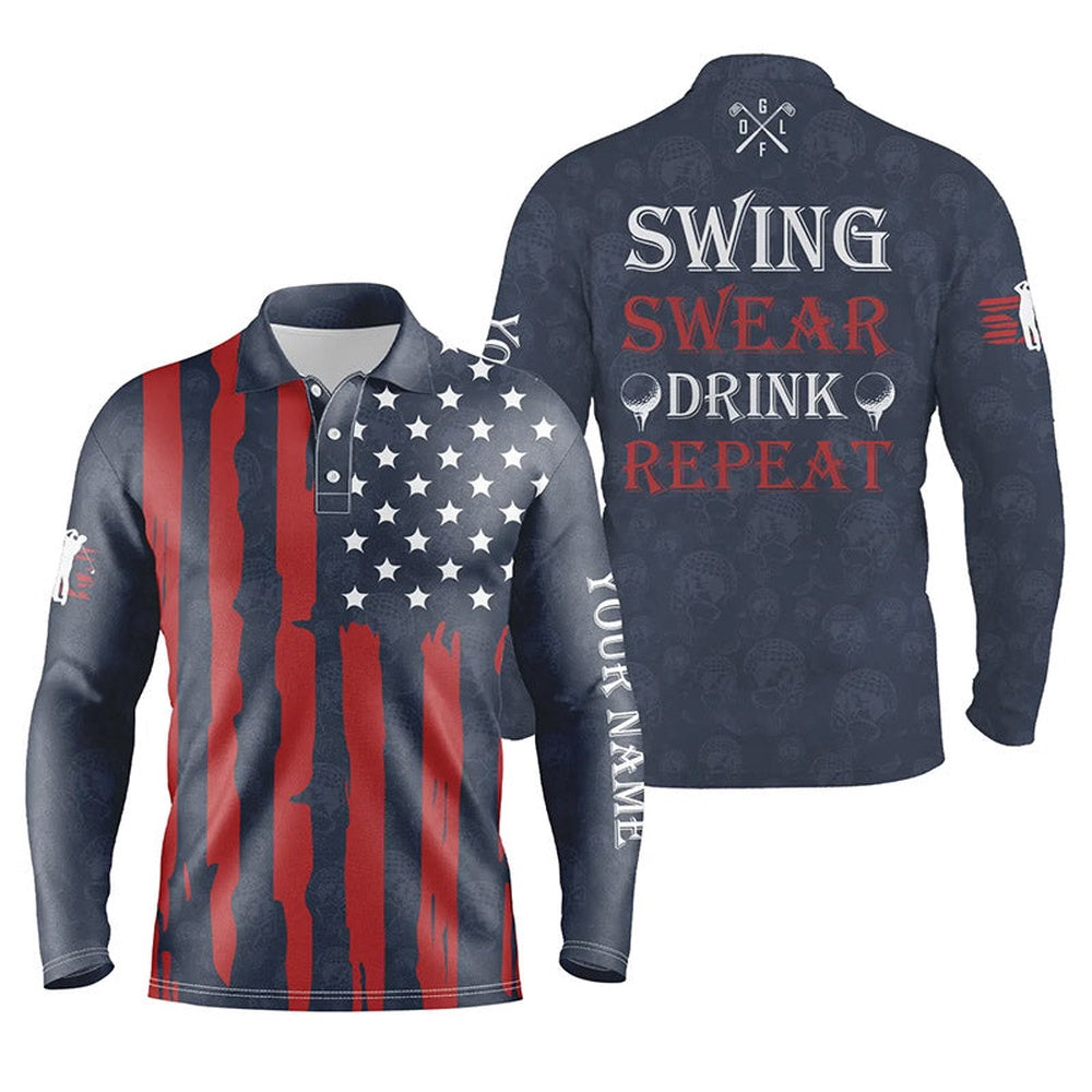 Golf Polo shirts, Mens Golf Polo Shirts Custom American Flag Patriotic Golf Shirt Swing Swear Drink Repeat Navy