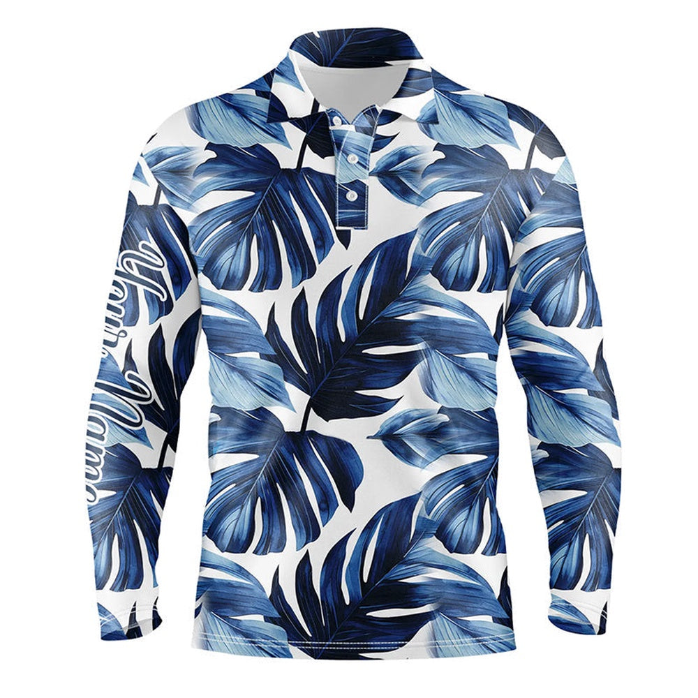 Golf Polo shirts, Mens Golf Polo Shirts Custom Blue Monstera Leaf Pattern Golf Tops For Mens, Gifts For The Golfers