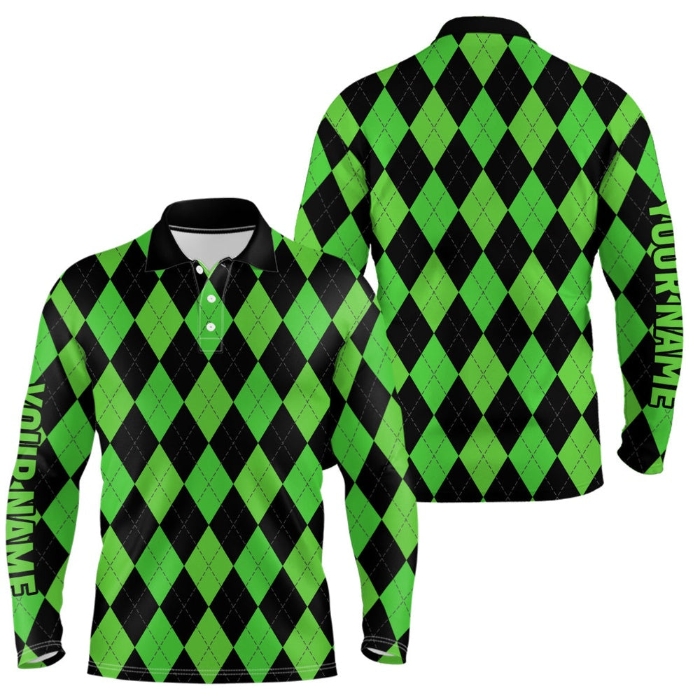 Golf Polo shirts, Mens Golf Polo Shirts Custom Green And Black Argyle Plaid Pattern Golf Attire For Men