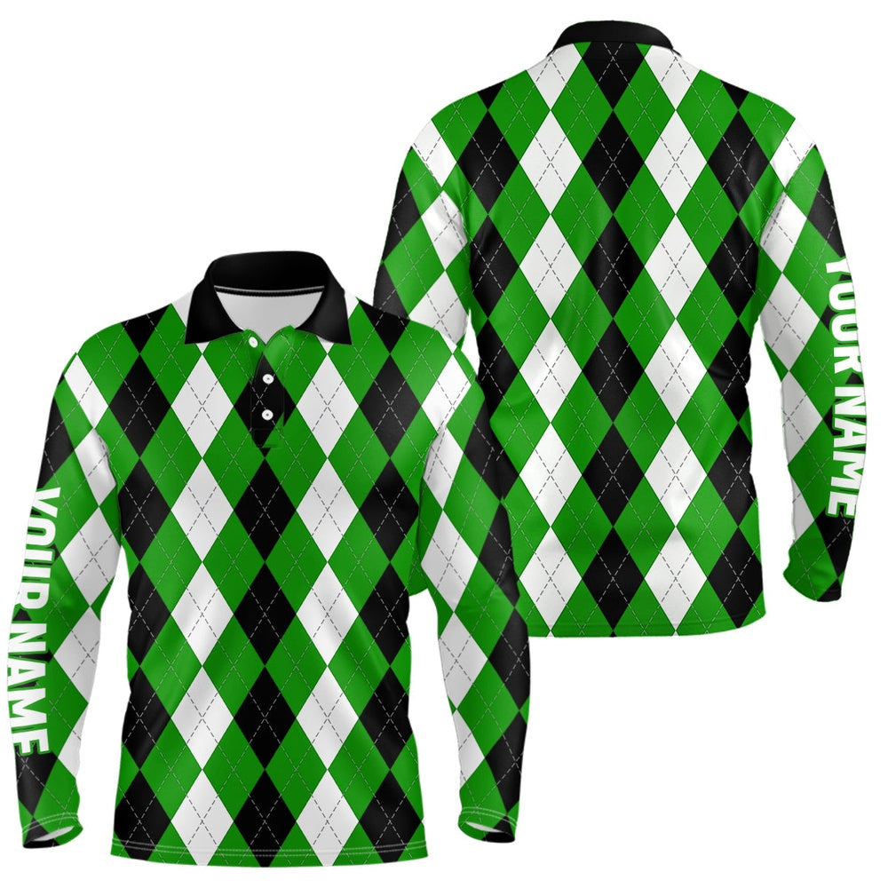 Golf Polo shirts, Mens Golf Polo Shirts Custom Green Argyle Plaid Pattern Golf Attire For Men