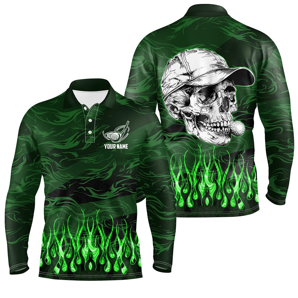 Golf Polo shirts, Mens Golf Polo Shirts Custom Green Camo Flame Golf Skull Team Golf Attire For Mens