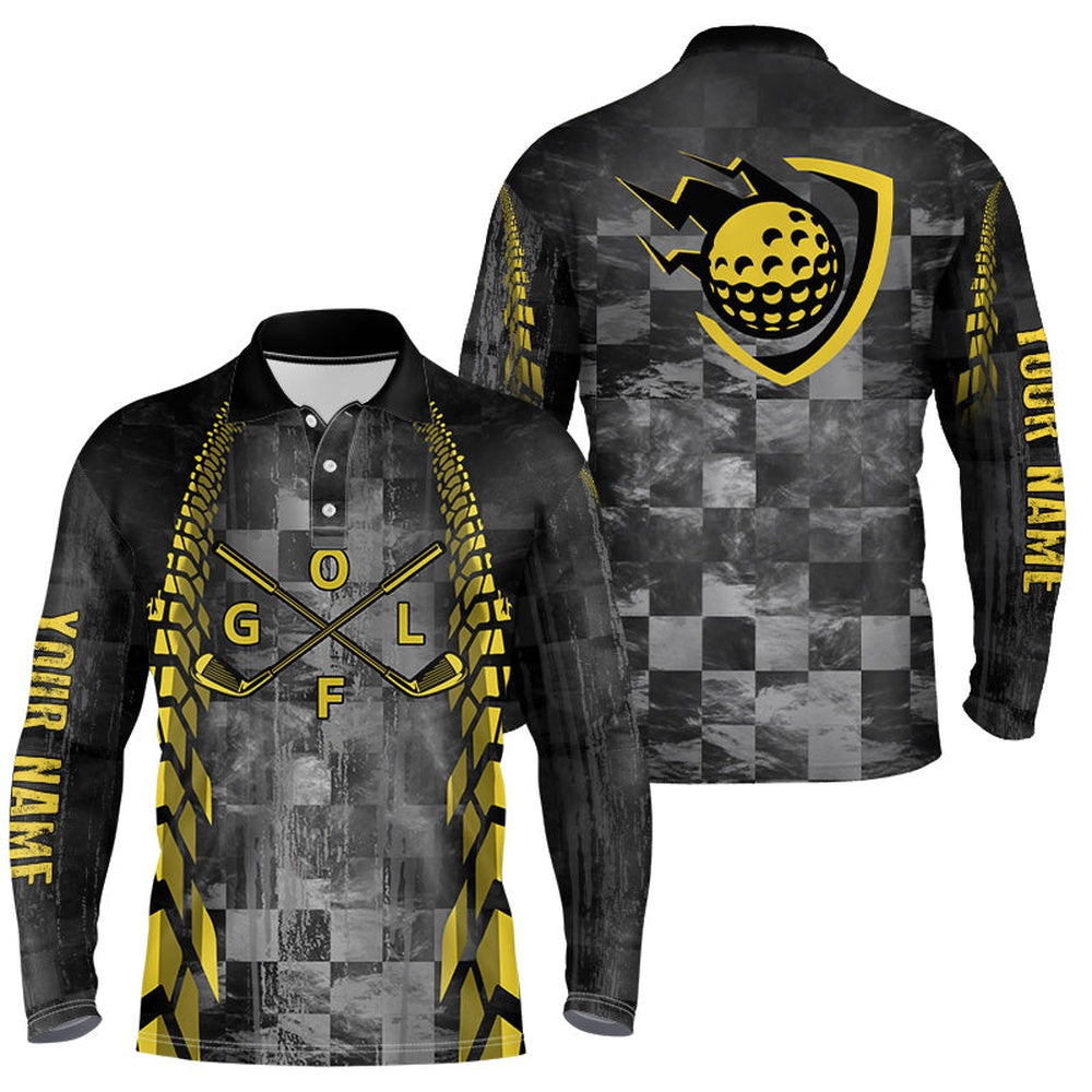 Golf Polo shirts, Mens Golf Polo Shirts Custom Name Black Racing Yellow Pattern Golf Clubs Golf Outfit Men