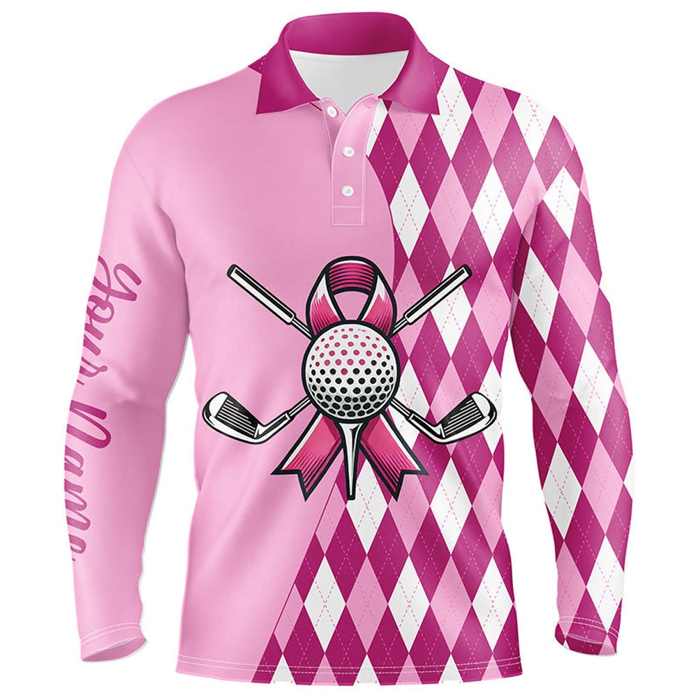 Golf Polo shirts, Mens Golf Polo Shirts Custom Pink Argyle Pattern Breast Cancer Awareness Golf Apparel For Men