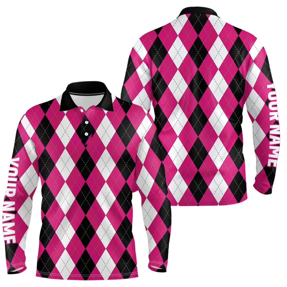Golf Polo shirts, Mens Golf Polo Shirts Custom Pink Argyle Plaid Pattern Golf Attire For Men