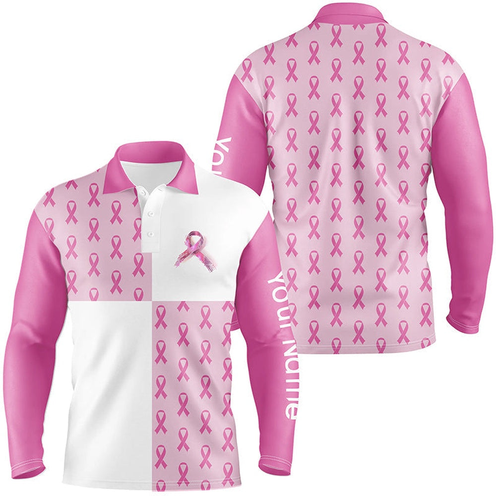 Golf Polo shirts, Mens Golf Polo Shirts Custom Pink Breast Cancer Pink Ribbon Pattern Golf Shirts For Men