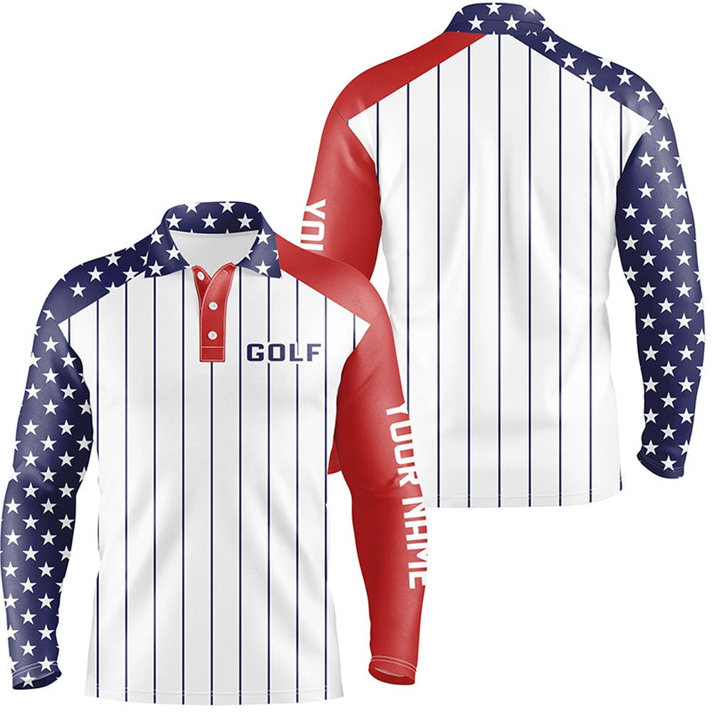 Golf Polo shirts, Mens Golf Polo Shirts Custom Red, White And Blue American Flag Patriotic Stripes Golf Attire For Men