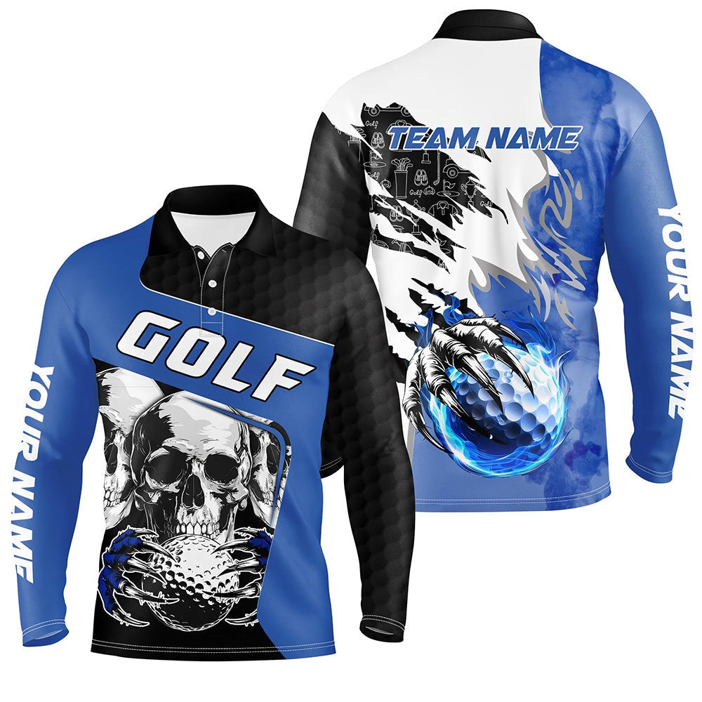Golf Polo shirts, Mens Golf Polo Shirts Custom Skull Golf Ball Fire Golf Jerseyss Blue